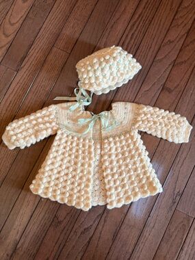 Vintage Handmade Cream Crochet Baby Coat and Hat Set